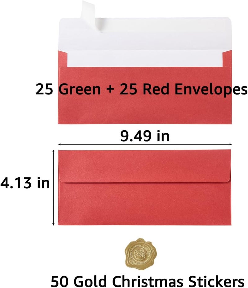 Wishop 50 Pack Shiny #10 Business Envelopes Self Seal Standard Envelopes with Gold Stickers for Office Checks, Business Cards, Letter Mailing Invoices, 4.13 x 9.49 Inches (Christmas Red Green) - Image 2